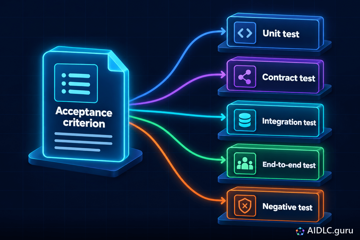 One Acceptance criterion fanning out to Unit test, Contract test, Integration test, End-to-end test and Negative test.