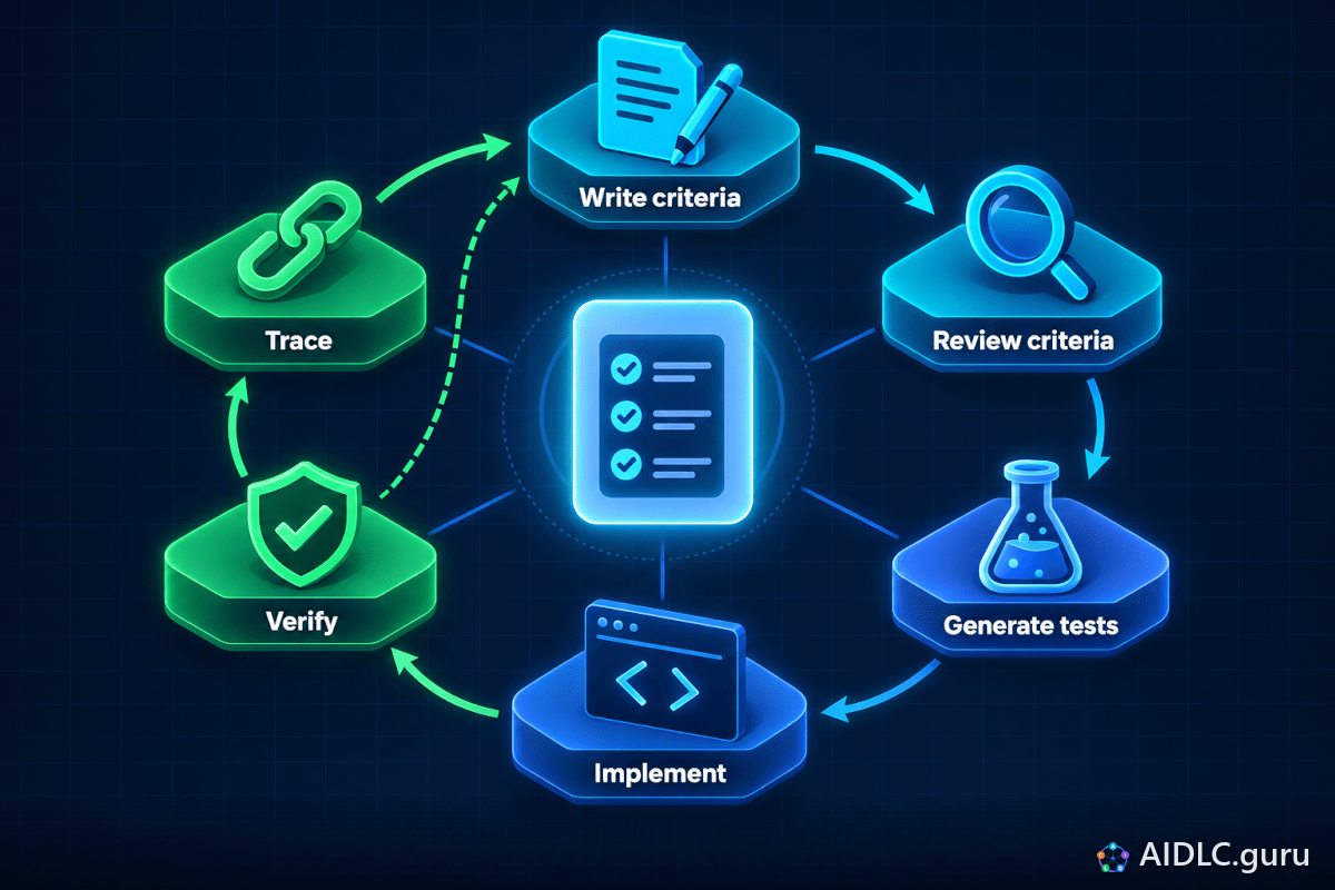 ACDD loop: Write criteria, Review criteria, Generate tests, Implement, Verify, Trace, with a dashed return from Verify to Write criteria.