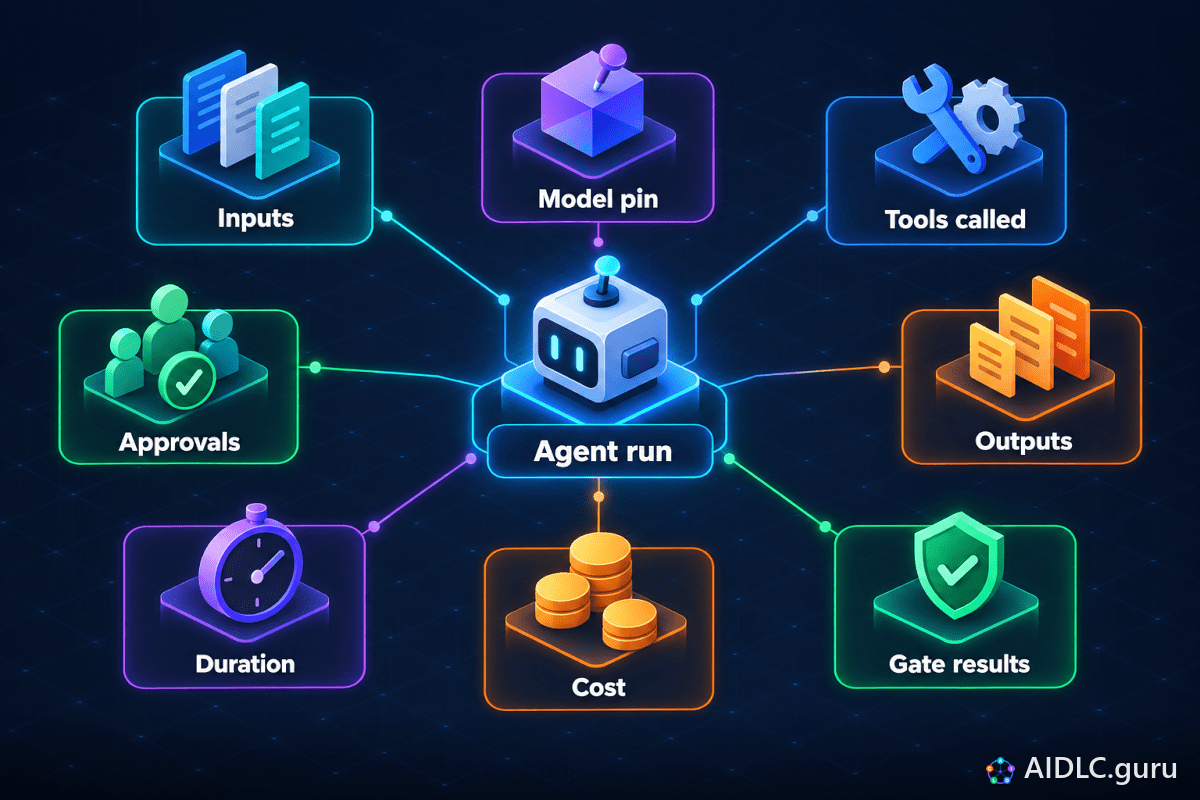 One Agent run linked to eight callouts: Inputs, Model pin, Tools called, Outputs, Gate results, Cost, Duration and Approvals.
