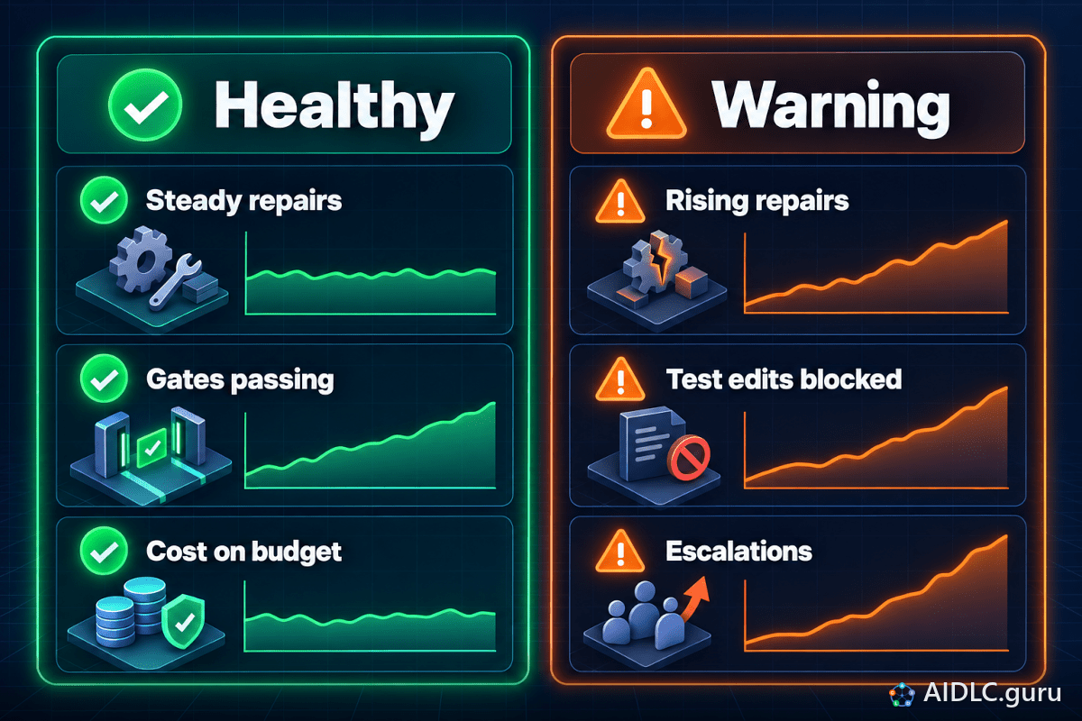 Healthy dashboard (steady repairs, gates passing, cost on budget) beside Warning (rising repairs, test edits blocked, escalations).