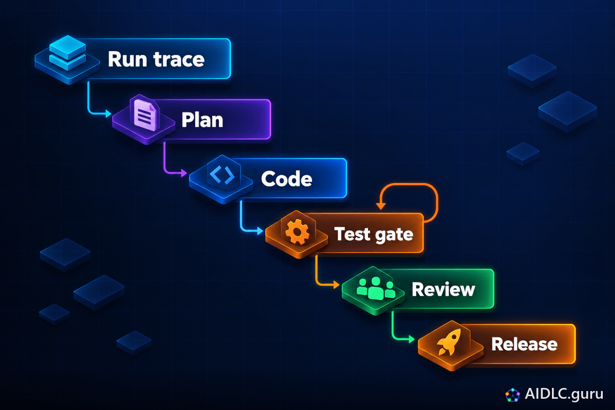 A Run trace waterfall of Plan, Code, Test gate with a retry loop, Review and Release steps.