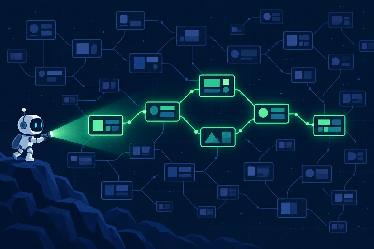 A constellation of connected screen tiles with a small agent tracing one lit path through it