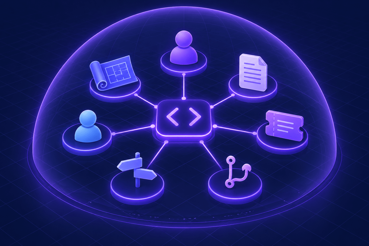 A code node at the center of a graph linking people, documents, tickets, pull requests, decisions and specs