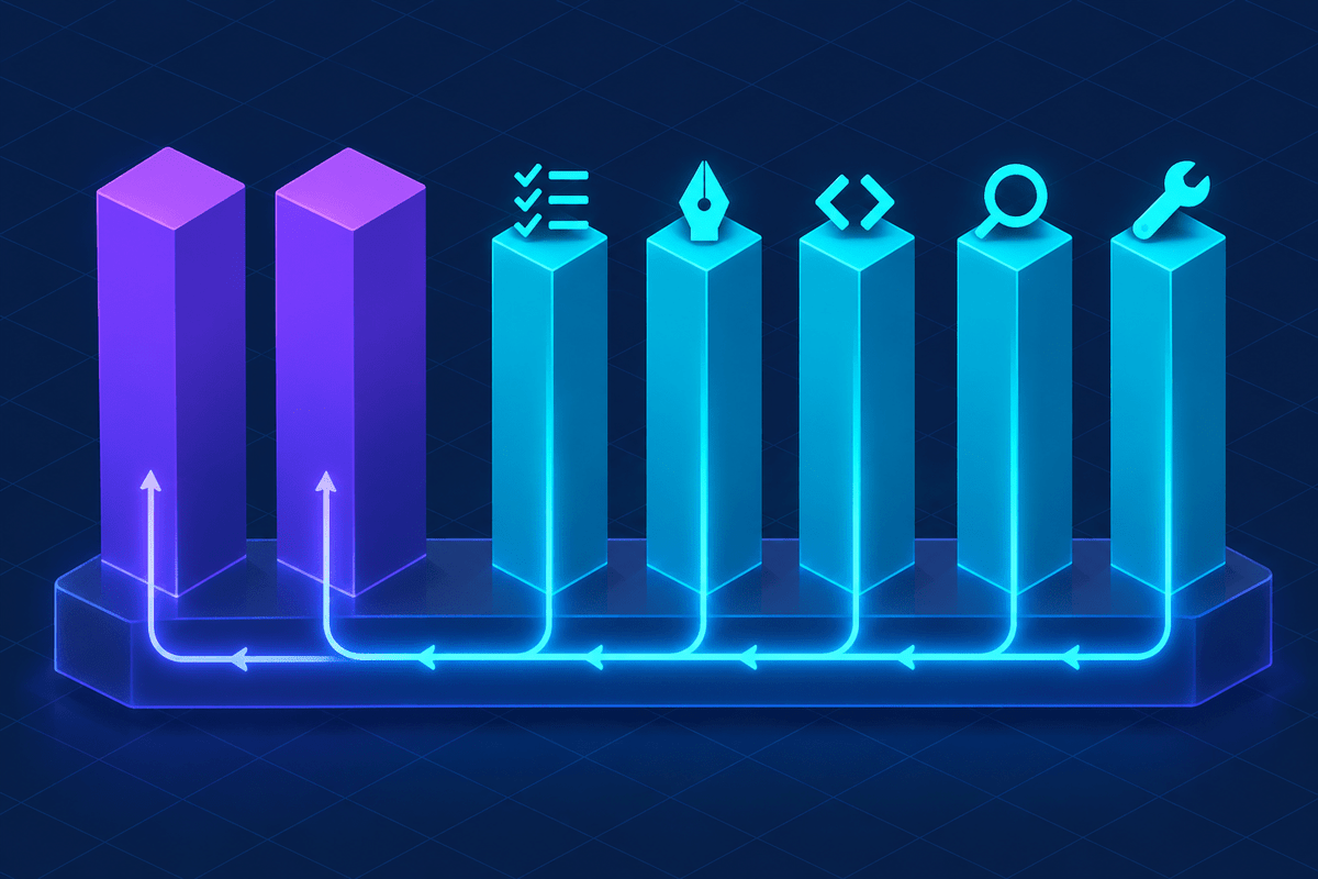 Seven columns, two solid and five lighter, standing on one shared glowing foundation that feeds light back up