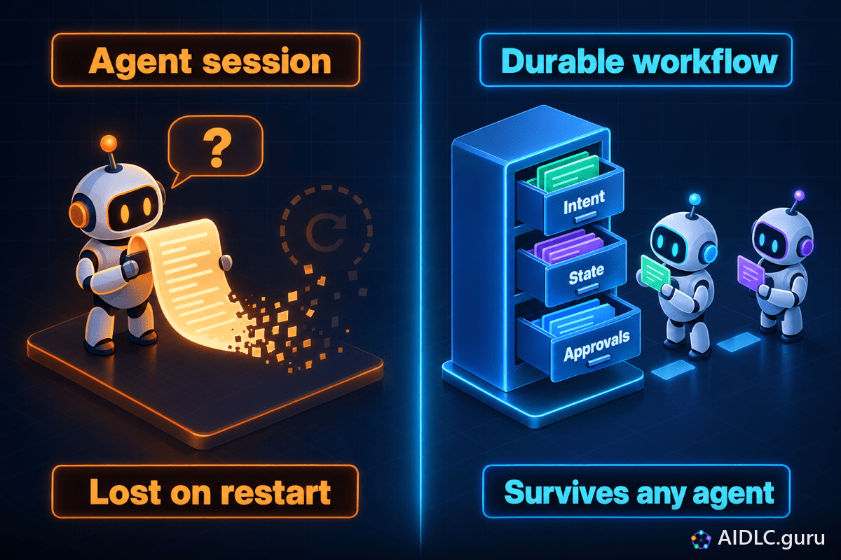 Agent session: a robot's chat scroll crumbles, Lost on restart. Durable workflow: Intent, State and Approvals drawers, Survives any agent.