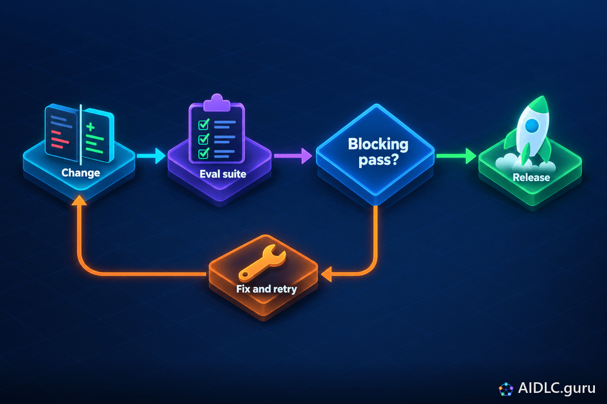 A Change runs the Eval suite; a Blocking pass? decision leads to Release, or to Fix and retry back to the change.