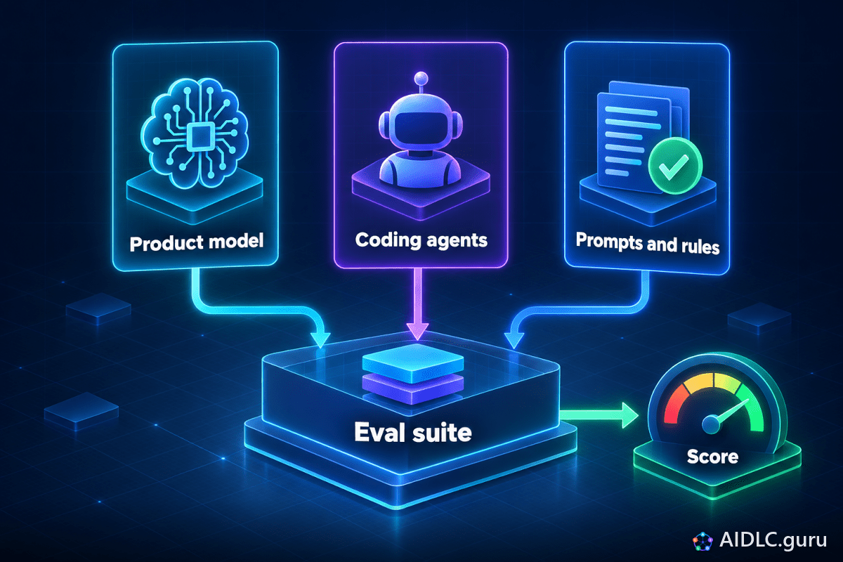 Product model, Coding agents and Prompts and rules each feed one Eval suite that produces a Score.