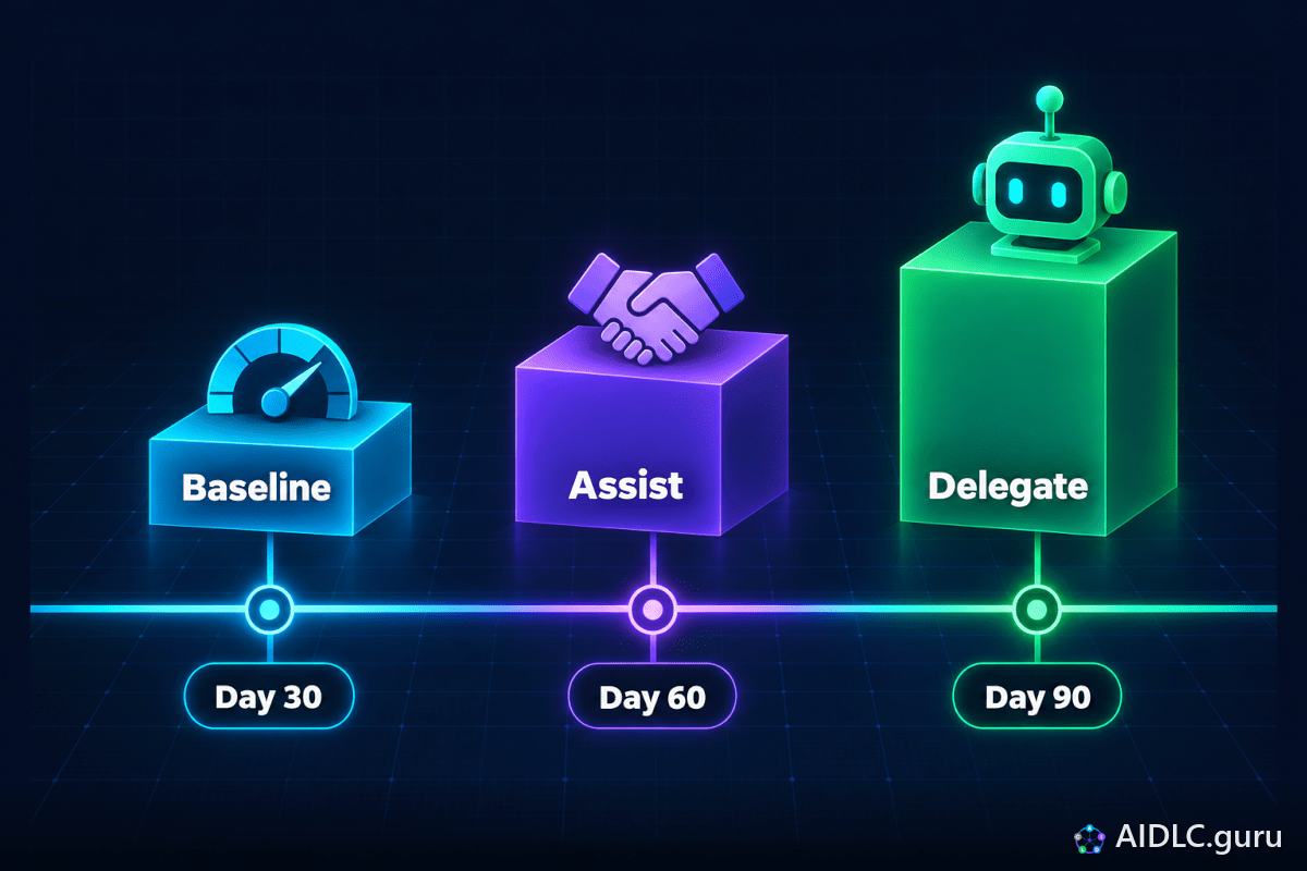 Timeline with Baseline at Day 30, Assist at Day 60 and Delegate at Day 90, shown as three growing steps.