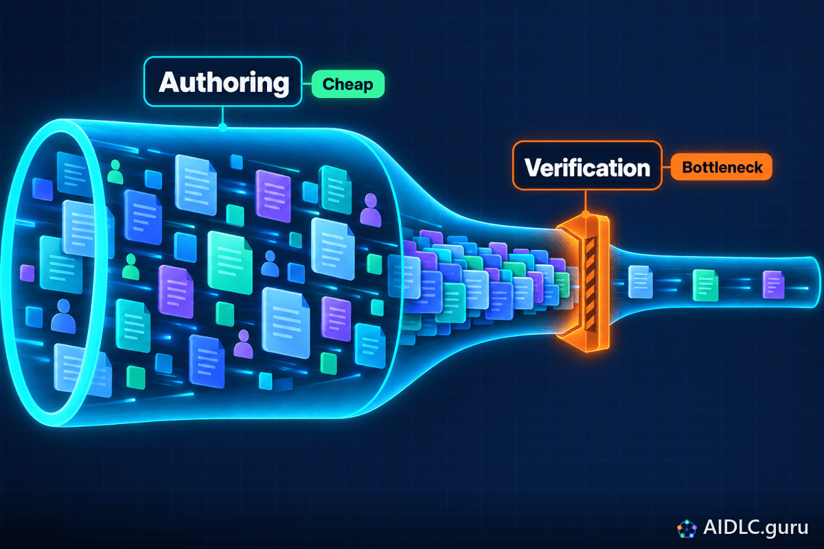 A wide pipe labeled Authoring and Cheap narrows to a gate labeled Verification and Bottleneck, where work piles up.