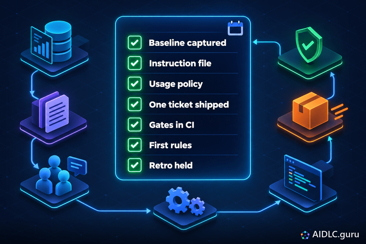 Seven day-30 outcomes: Baseline captured, Instruction file, Usage policy, One ticket shipped, Gates in CI, First rules, Retro held.