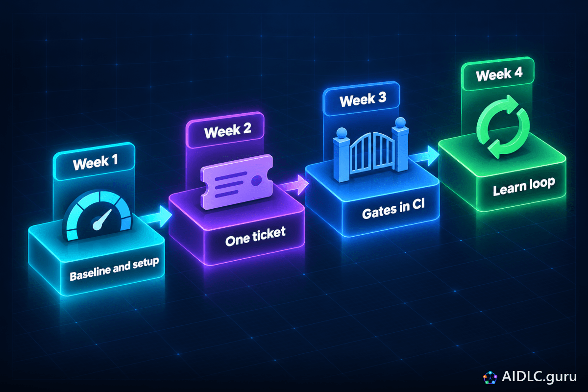 Four stepped blocks: Week 1 Baseline and setup, Week 2 One ticket, Week 3 Gates in CI and Week 4 Learn loop, joined by arrows.