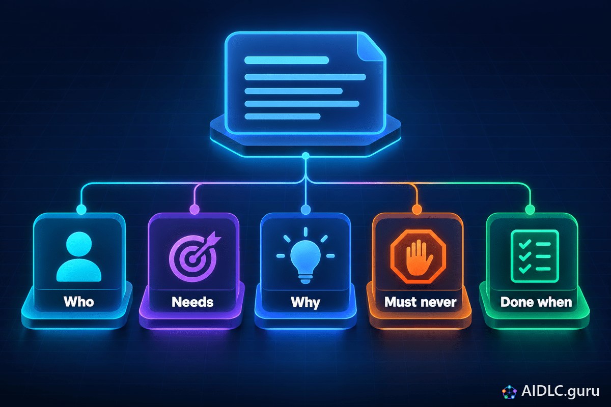 A problem card linked to its five parts: Who, Needs, Why, Must never and Done when.