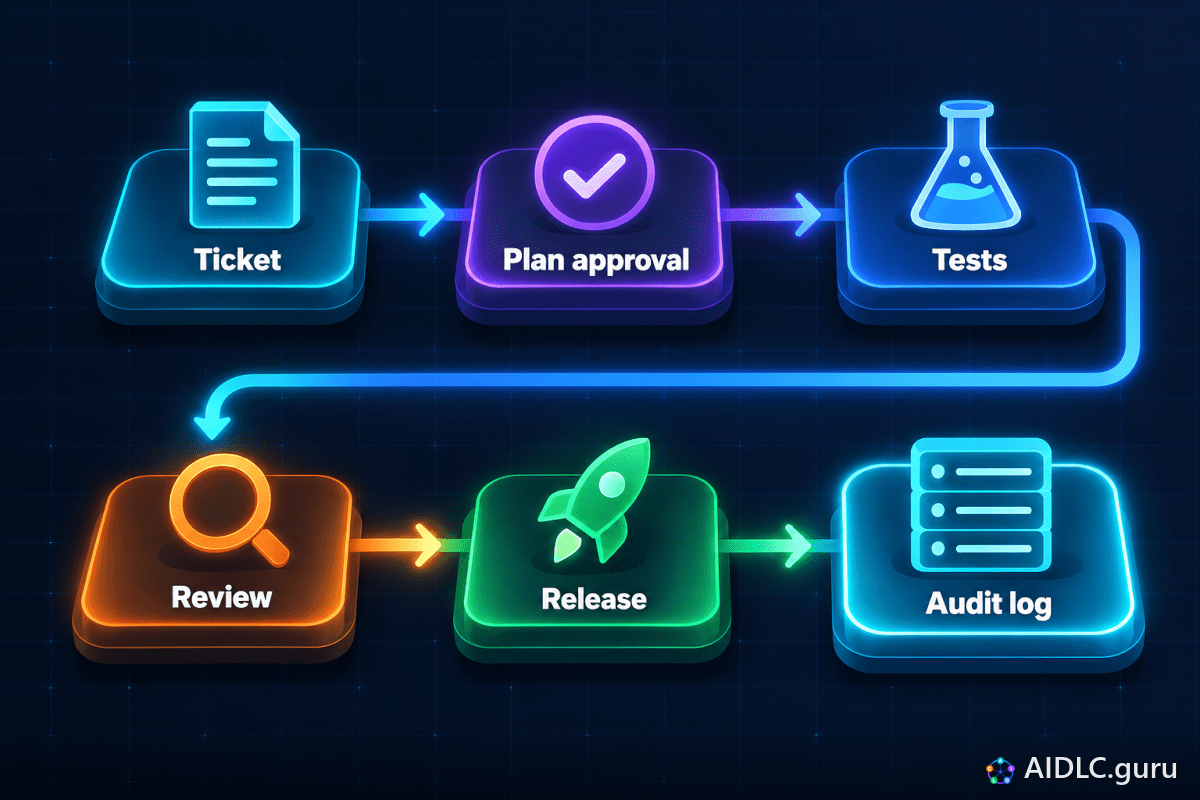 An evidence chain: Ticket, Plan approval, Tests, Review, Release and Audit log, linked in order.