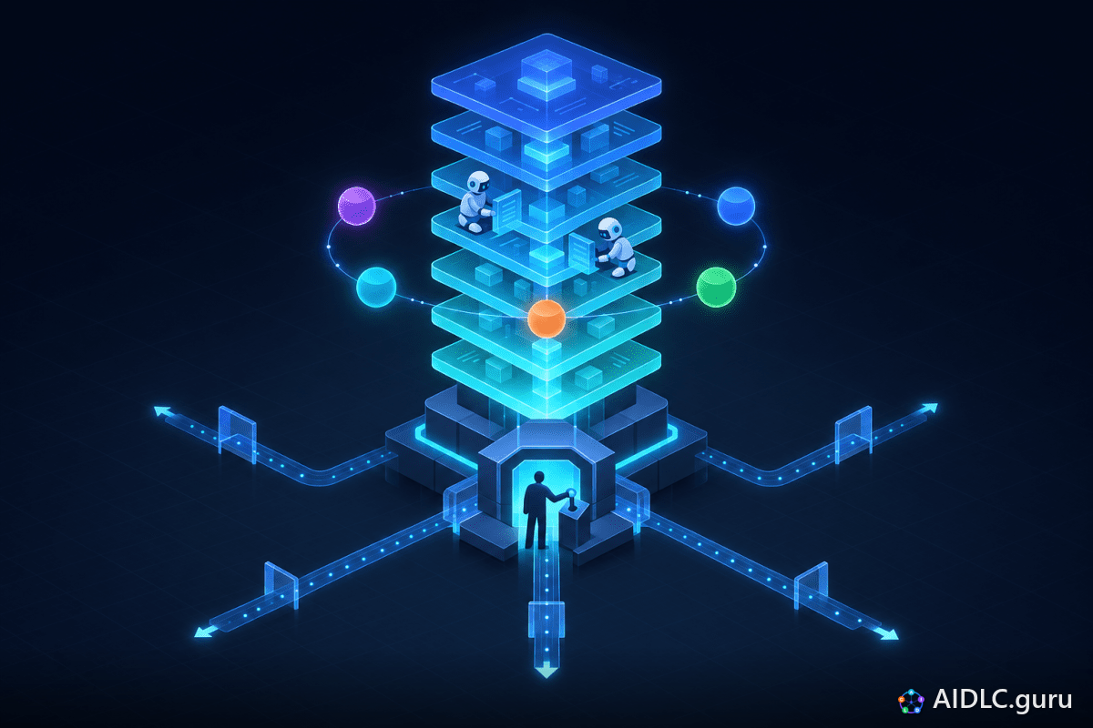 A layered engine core of stacked glowing platforms, orbited by a ring of five phase nodes and tended by small agents