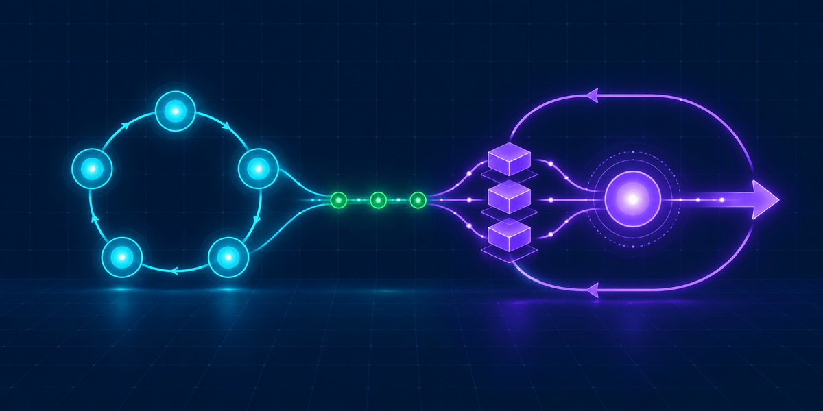 A compact five-node ring and a looping data-to-model pipeline joined by a glowing bridge