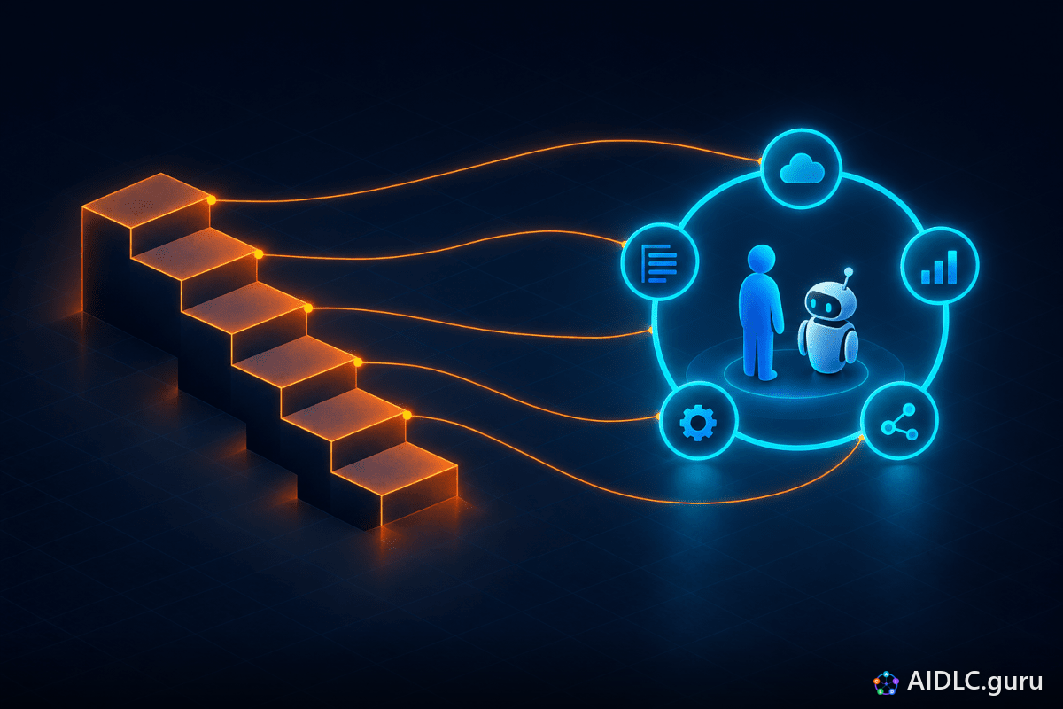A classic six-step staircase beside a glowing five-node loop, joined by bridges of light