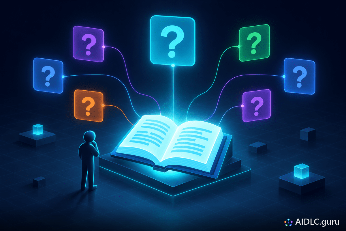 Floating question cards linked by thin lines of light to an open reference book