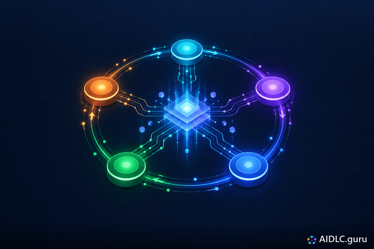 The AIDLC life cycle: five glowing phase nodes for Analyze, Ideate, Develop, Launch and Curate in a ring around an AI core