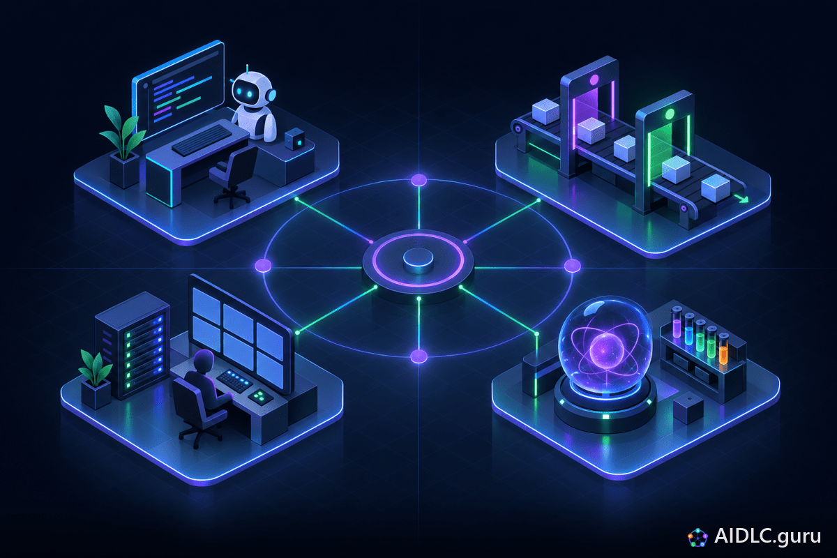 Four workbenches linked to one glowing hub: a terminal desk with a robot, a gated pipeline, a control room and a glowing model core