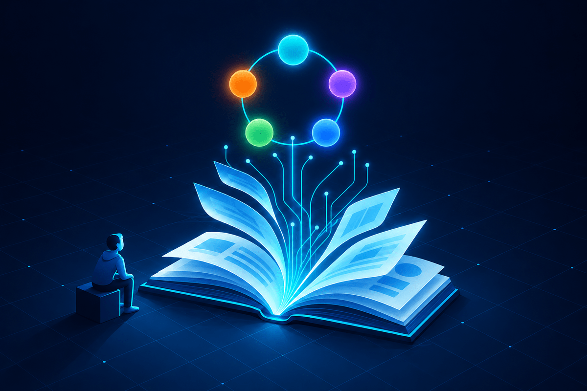 An open book whose pages unfold into circuit lines that feed the five-phase AIDLC ring, with a reader seated beside it
