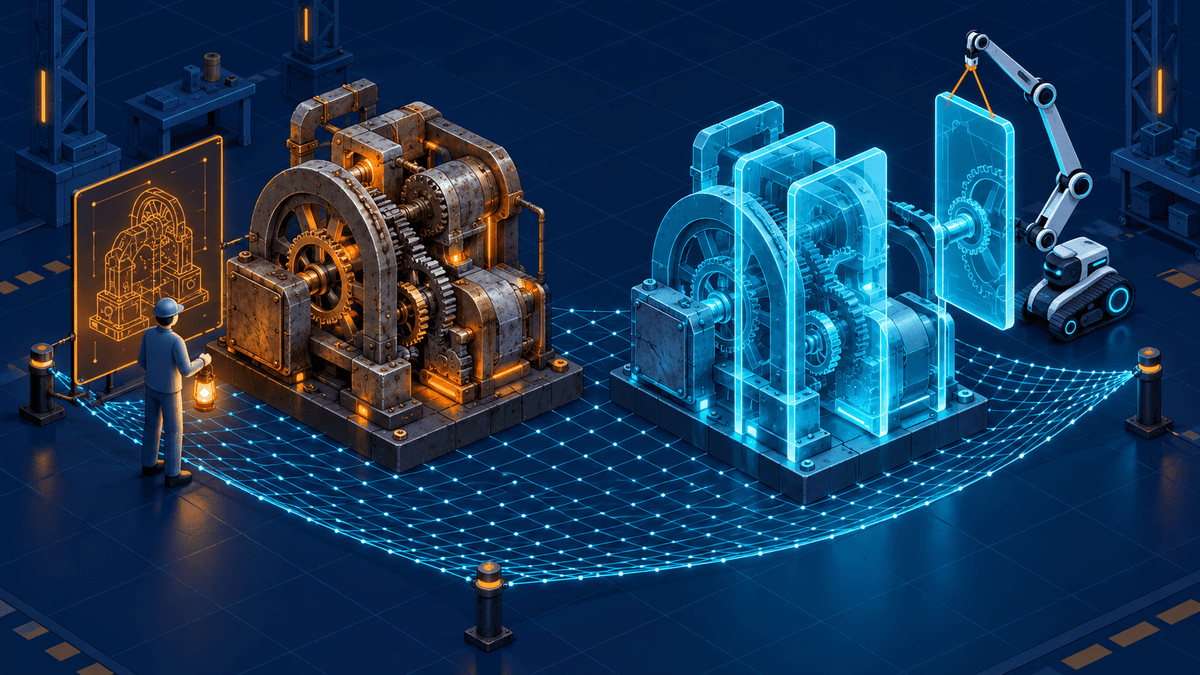 An old stone machine being rebuilt slice by slice into a modern glowing one while a safety net of test lines holds beneath it