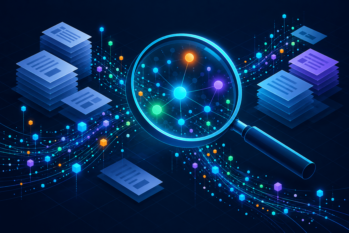 A magnifying glass over streams of data and requirement sheets, with key insights lit up