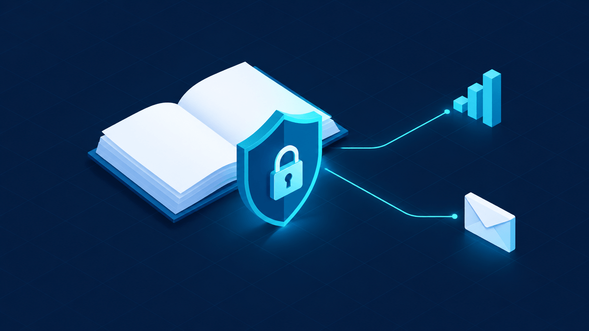 A shield with a small lock in front of an open book of pages