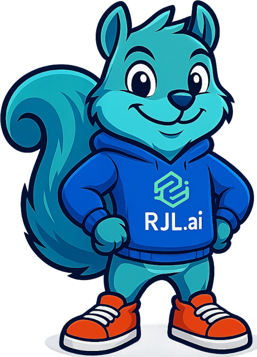 A friendly robot mascot for RJL.ai, representing the future of AI-native development.
